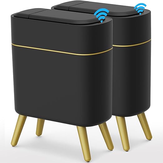 Yatmung 2 Pack - Automatic Bathroom Trash Can with Lid 2.5 Gal Smart Bathroom Trash Can Automatic Touchless - Bedroom, Office, Kitchen, Living Room - Motion Sensor Garbage Can - Black with Gold Legs