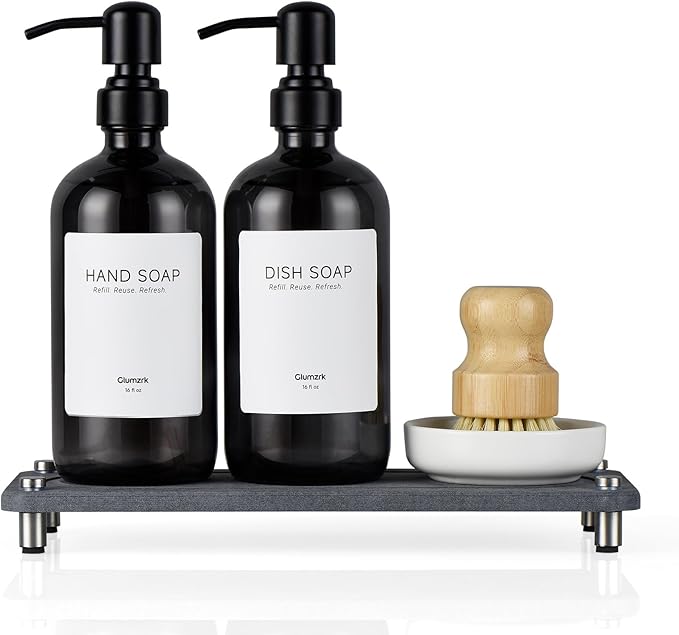 2 Pack Kitchen Soap Dispenser Set - 16oz Black Glass Dish and Hand Soap Dispenser with Stainless Steel Pump, Instant Dry Tray, Dish Brush & Holder, Refillable Countertop Sink Decor for Kitchen & Bath