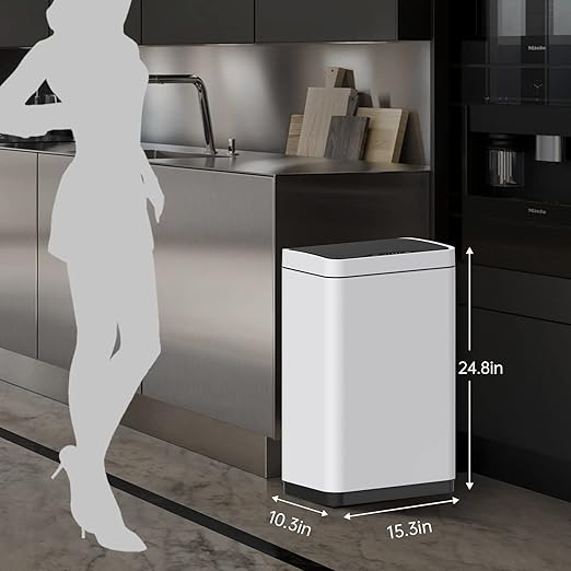 Mbillion Automatic Trash Can Touchless 15 Gallon Motion Sensor Trash Can Stainless Steel Smart Trash Cans with Lid Rectangular Touchless Garbage Can for Kitchen Bedroom Home Office White