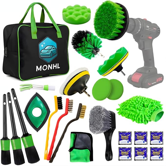 26 Pcs Car Detailing Kit – Complete Interior & Exterior Car Cleaning Kit with Drill Brush Attachments, Detailing Brushes, Wheel & Tire Brush, Microfiber Towels, Wash Mitt, Pet Hair Remover