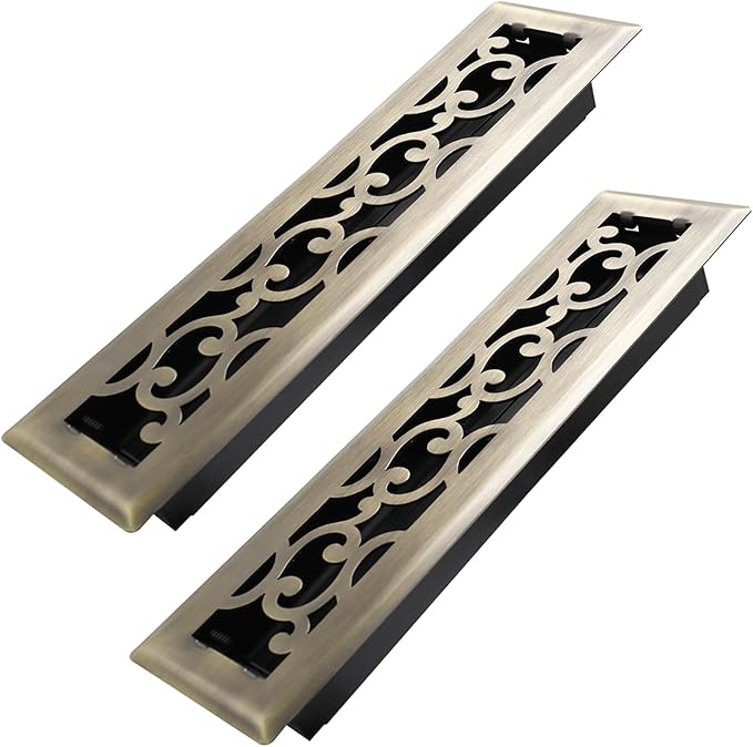 2x12 Inches 2 Pack Heavy Duty Walkable Floor Register - Easy Adjust Air Supply Lever Decorative Floor Vent Covers - Savannah Design Vent Covers for Home - Antique Brass