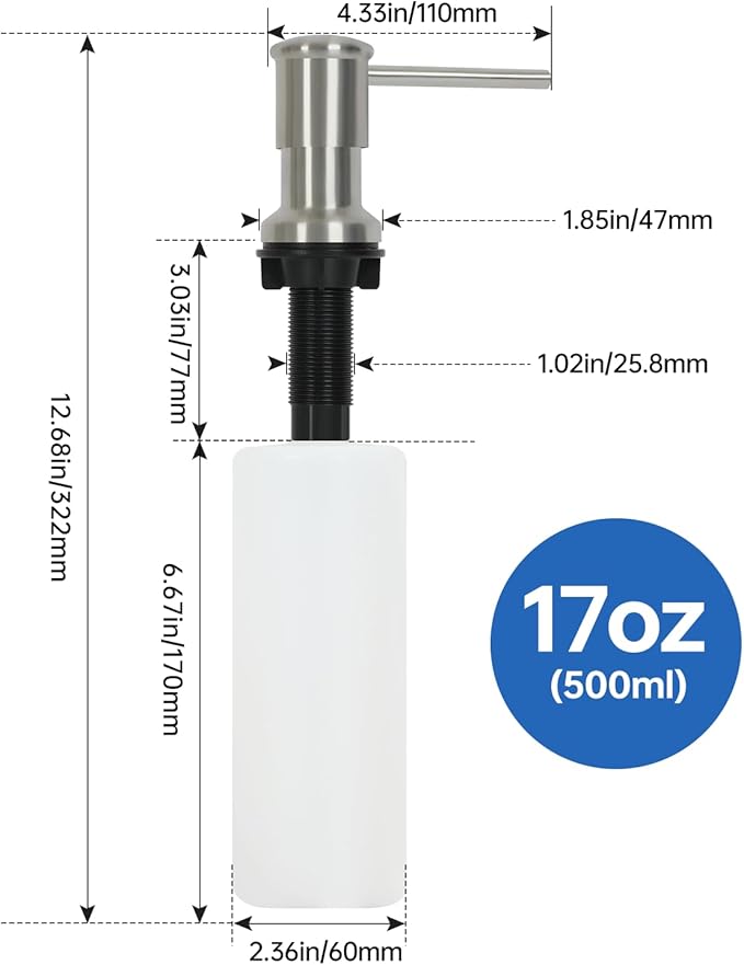 Soap Dispenser for Kitchen Sink, Brushed Nickel Built in Pump Soap Dispensers, Stainless Steel Sink Soap Dispenser or Lotion Dispenser Pump with Above The Sink Refillable 17OZ Large Liquid Bottle