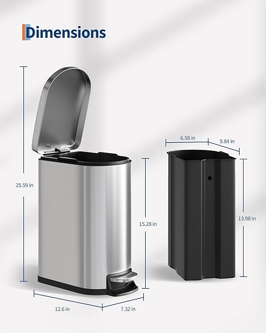 Garvee 2.6 gal / 10 L Stainless Steel Bathroom Trash Can with Lid, Slim Waterproof Garbage Can for Bedroom, Small Step-on Metal Trash Bin with Inner Bucket, Rear Handle, Soft Close Lid, Silver