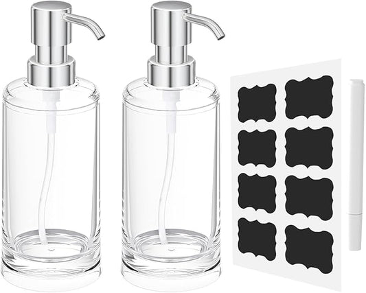 Soap Dispenser Set of 2, Clear Plastic Hand Soap and Dish Soap Dispenser for Kitchen and Bathroom, 10oz Refillable Containers with Waterproof Labels & Rust Proof ABS Pumps
