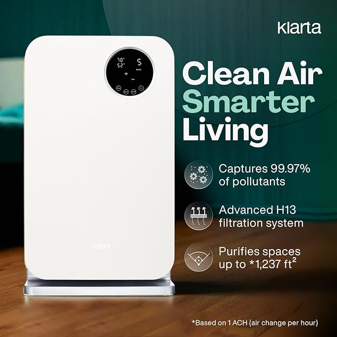 Air Purifier for Home - Smart WiFi App - Ultra Quiet 20 dB - Removes Allergens, Smoke & Odors - 99.97% Particle Filtration - Up to 1200 ft - Klarta Forste White