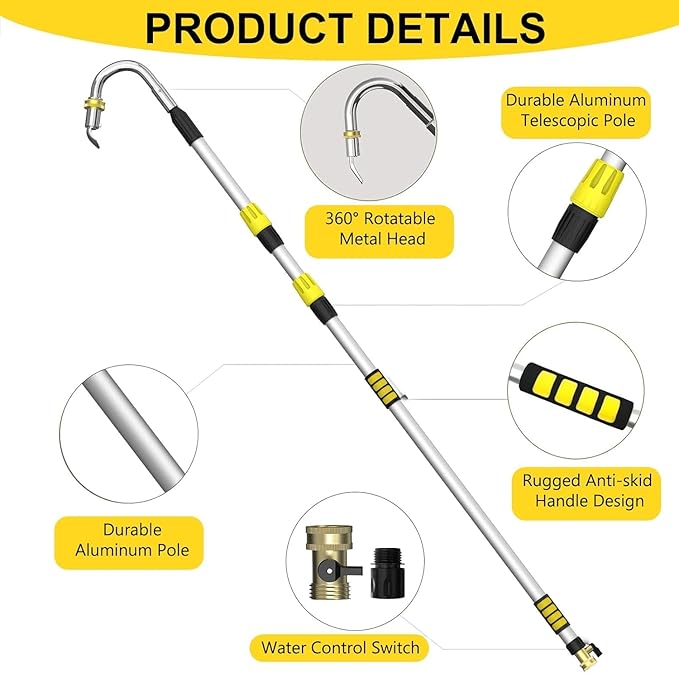 24FT Reach Gutter Cleaning Tools from Ground, Telescopic Rain Gutter Cleaners Tool with Quick Connect Adapter and Heavy Duty Wand for 2nd Story House