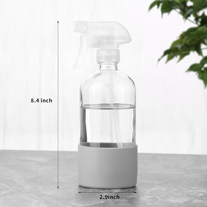 Glass Spray Bottles (2-Pack) with Silicone Sleeve - 16oz Empty Refillable Bottles - Adjustable Nozzle for Hair, Plants, Cleaning & DIY Solutions - Mint Green & Grey
