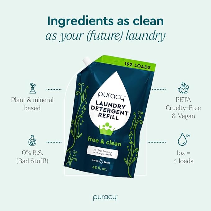 Puracy Laundry Detergent Refill - Enzyme-Powered Liquid Detergent Concentrate, Natural Laundry Detergent Seen on TikTok, Non-Toxic (Free & Clear, 48 fl oz, 192 Loads)