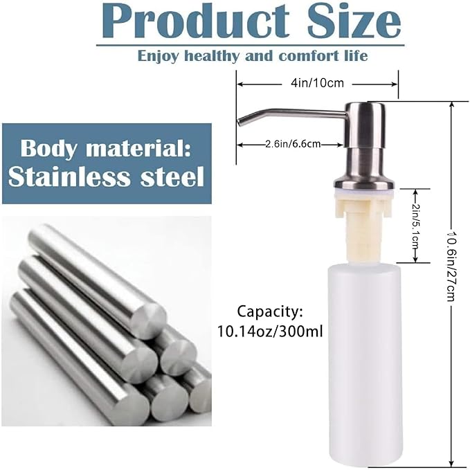 Soap Dispenser for Kitchen Sink (Brushed Nickel),Built in Design Sink Soap Dispenser, Refill from The Top, Stainless Steel Kitchen Soap Pump with 10 fl.oz Bottle (300ml)