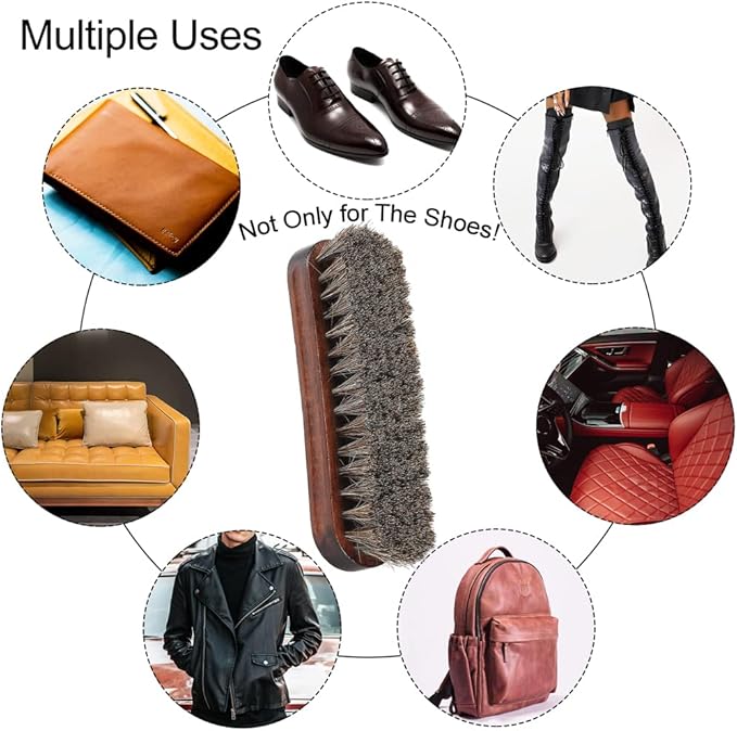 Horsehair Shoes Shine Brush, Soft Horse Hair Bristles Leather Clean & Care Brushes with Comfortable Grip for Shoes, Boots, Coats and Bags - 2 Pack