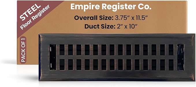 Empire Register Co, Decorative Air Vent Covers - 2x10 inch, Modern Contemporary Design, Oil Rubbed Bronze Finish, Heavy Duty Walkable Floor Register, Metal Damper Attached