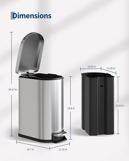 Garvee 13 gal / 50 L Stainless Steel Kitchen Trash Can with Lid, Slim Rustproof Garbage Can, Large Step-on Metal Trash Bin with Inner Bucket, Rear Handle, Soft Close Lid, Silver