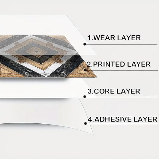 Nuxovilar Peel and Stick Vinyl Floor Tiles, 12x12 Inch Geometric Wood & Marble Mosaic Pattern, Self-Adhesive Flooring (10 Pcs)