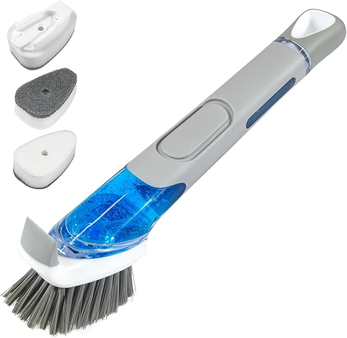 ITTAHO Dish Brush with Soap Dispenser & 3 Pack Dishwashing Sponge Refills Non Scratch, Dish Cleaning Scrubber Set with Handle for Household Usage Kitchen Sink Pot Pan Large Glass Cup - Grey
