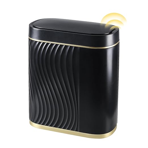 Bathroom Small Trash Can 2 Gallon Black Sensor Garbage Can with Lid, Plastic Automatic Trash Bin, Slim Motion Sensor Trash Can, Waterproof Smart Waste Bin for Living Room, Office, Bedroom
