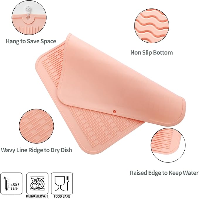 Silicone Dish Drying Mat for Multiple Usage,Easy clean,Eco-friendly,Heat-resistant Silicone Mat for Kitchen Counter or Sink,Refrigerator or Drawer Liner Pink XL 18 inches x 16 inches
