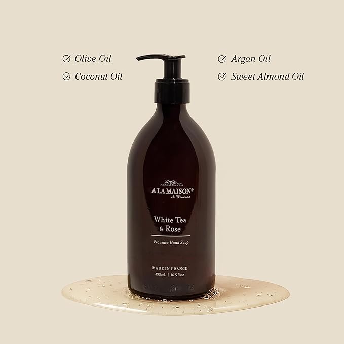A LA MAISON French Liquid Hand Soap – White Tea & Rose – Natural, Refillable Hand Wash in Amber Glass Bottle – Made in France, Plant-Based & Biodegradable – 16.5 fl oz