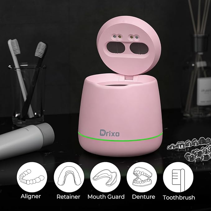 Drixo Ultrasonic Retainer Cleaner Machine, IPX6 Waterproof Dental Cleaning Pod, 3 Modes Denture Cleaner for Night Guard Mouth Guard Braces, 45kHz Denture Dome with UV Light, 200ML Tank, Pink