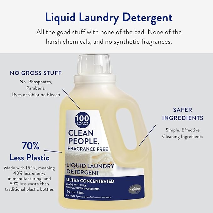 The Clean People Liquid Laundry Detergent - Recyclable Packaging, Stain Fighting - Ultra Concentrated, Laundry Soap - Fragrance Free, 50 fl oz