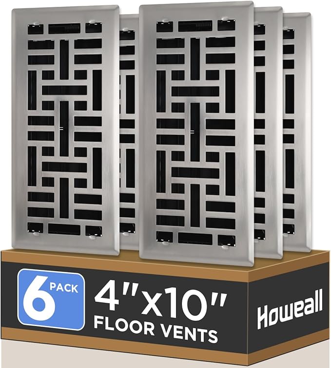 4x10 Inches 6 Pack Heavy Duty Walkable Floor Register - Easy Adjust Air Supply Lever Decorative Floor Vent Covers, Seattle Design Vent Covers for Home - Satin Nickel