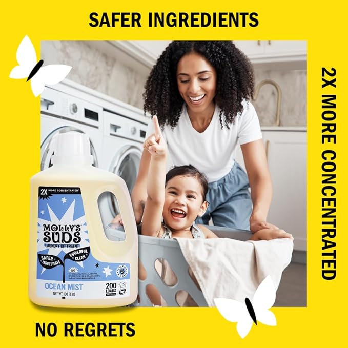 Molly's Suds Liquid Laundry Detergent | Clean Laundry Detergent Soap for Sensitive Skin | 2x Concentrated, High Efficiency (HE) (Ocean Mist - 200 Loads) (Pack of 2)