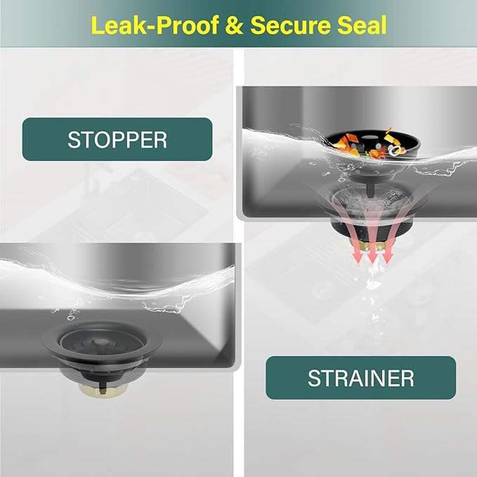 Kitchen Sink Drain Assembly 3-1/2 Inch - Kitchen Sink Strainer Stainless Steel Basket with Stopper - Rustproof & Leak-Proof Design for Standard American Drain Holes, Black