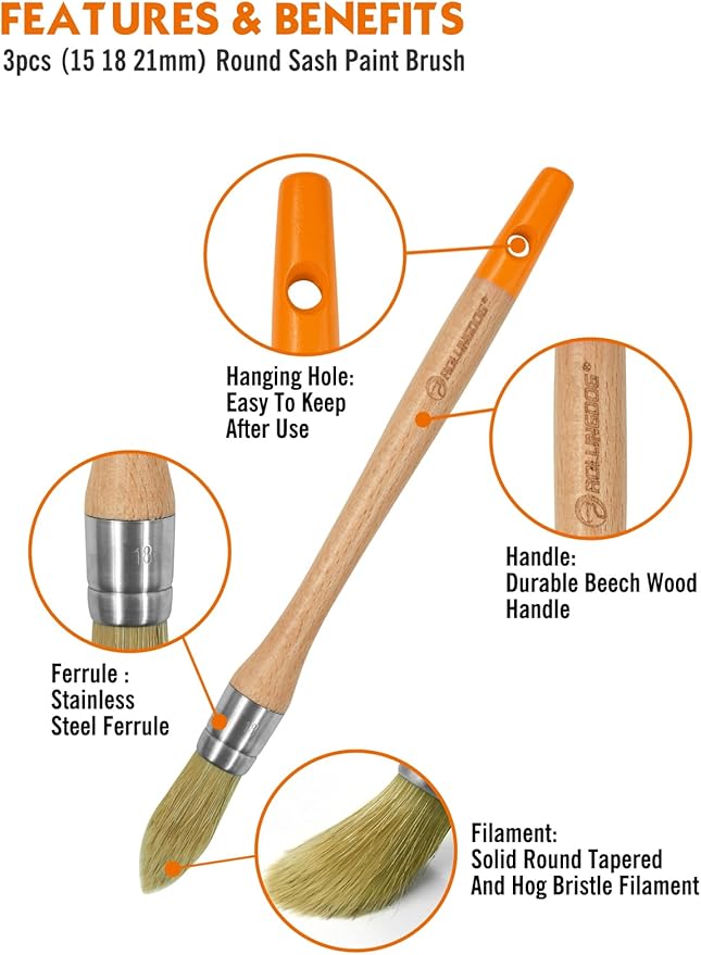ROLLINGDOG Trim Paint Brushes - 5PC Round Trim Brushes,Long Handle Paint Brush Set for Windows,Walls,Doors(15mm,18mm,21mm,25mm),18mm Stubby