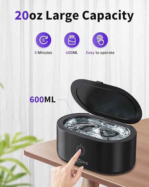 Ultrasonic Jewelry Cleaner Machine, JeaTone 20oz Ring Cleaner, 46KHz Professional Sonic Cleaner, Jewelry Cleaner for All Jewelry, Rings, Glasses, Dentures Black