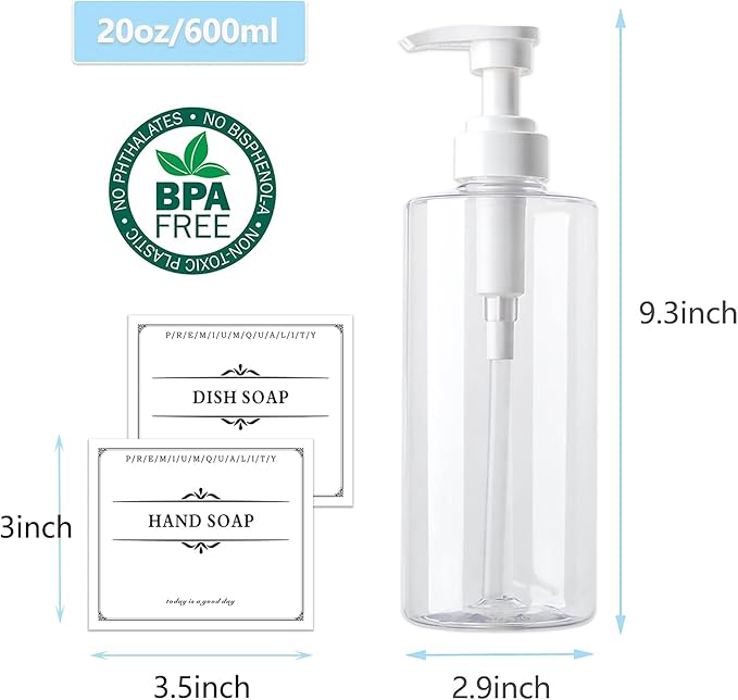 Hand Soap Dispenser Plastic Pump Bottles with Waterproof Label for Bathroom Kitchen, Empty Refillable Liquid Container, 20 oz Clear 2 Pack