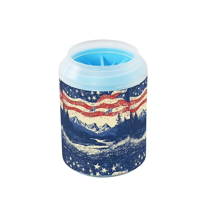 Dog Paw Cleaner Cups for Dogs Pets Foot Washer Paw Scrubber for Medium Small Cats Dogs Cute Cleaning Cup July 4th Flags Mountains Blue