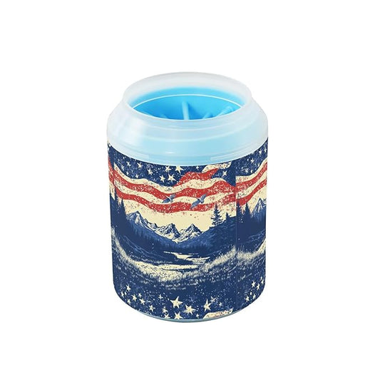 Dog Paw Cleaner Cups for Dogs Pets Foot Washer Paw Scrubber for Medium Small Cats Dogs Cute Cleaning Cup July 4th Flags Mountains Blue