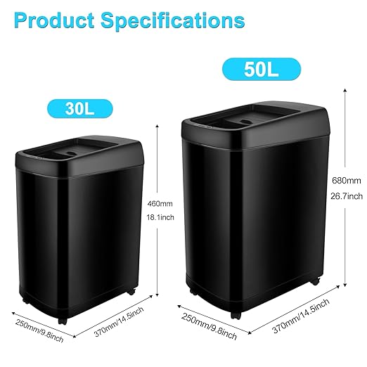 50 Liter / 13.2 Gallon Motion Sensor Trash Can with Roll Lid & Wheels - Automatic Touchless Trashcans for Kitchens, Bedroom, Office Trash Bin (Black)