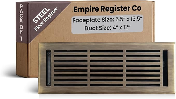 EMPIRE REGISTER CO Linear Design, Heavy Duty Floor Vent Covers, Metal Damper Attached. Vent Covers for Floor only. (Floor, Antique Brass, 4 x 12 inch (Pack of 1))
