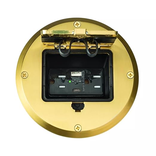 RACO Floor Box Kit 6239ACBP Brass 15A/125V Duplex Receptacle Outlet with USB Ports, Single Gang Electrical Box for Wood Sub-Floor with 3.1A/5V Type A and C USB Outlet Receptacles for Home Improvement