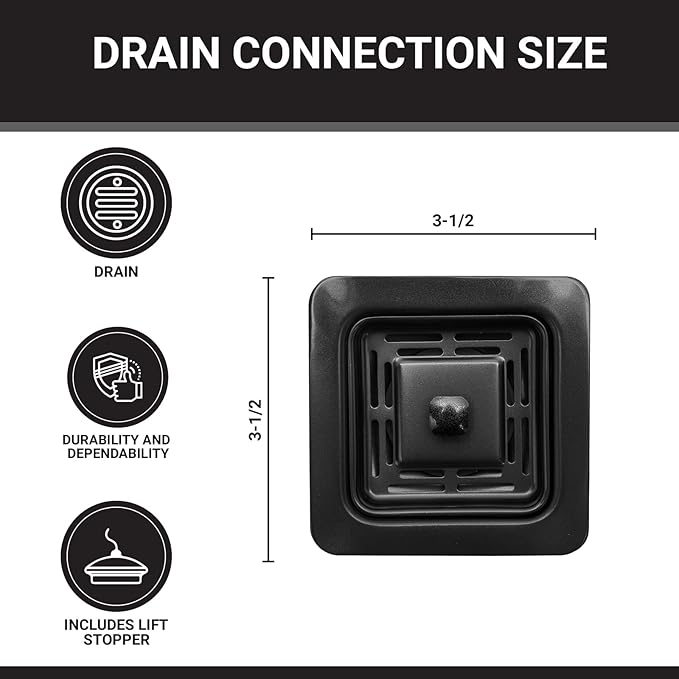 Strictly Sinks Stainless Steel Sink Strainer for Kitchen Sink - Stain Resistant Kitchen Sink Strainer with Large Collection Basket,Sink Drain Strainer for All Square Drain Sinks (Black)