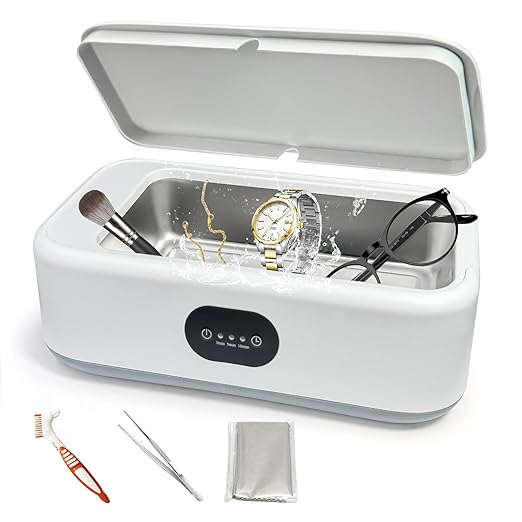 MTWML Ultrasonic Glasses Cleaning Machine,49Khz 22Oz Jewelry Clean Machine with 3 Modes Timer for Ring Earring Dentures Necklaces Watch Strap Keycap Earrings 304 Stainless Steel Tank(640ML)
