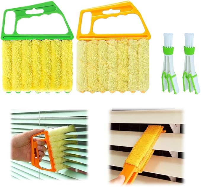 4PC Blind Cleaner Duster Tool, 2025 Upgrade Window Venetian Microfiber 7 Finger Duster Brush Dusting Cleaner Tools for Window Shutters Air Conditioner Vinyl Wood Blinds with 4 Cloth Cover (A)