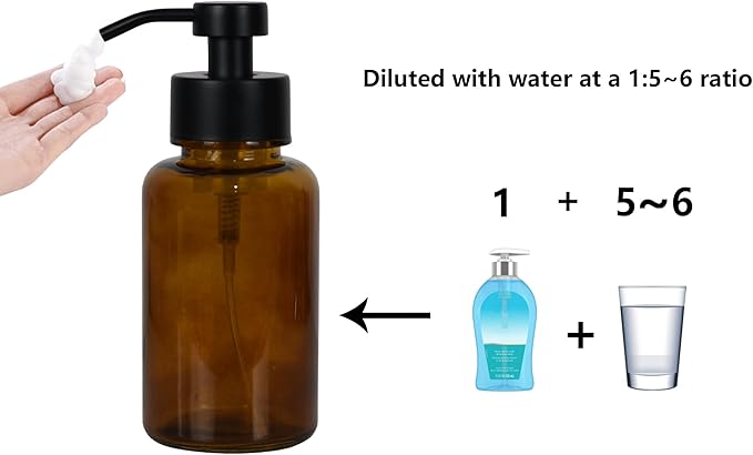 15 oz Amber Glass Foam soap Dispenser with Black Rust-Proof Foam Pump, refillable Thick Glass Foam soap Dispenser for Kitchen and Bathroom (1, 15 oz)