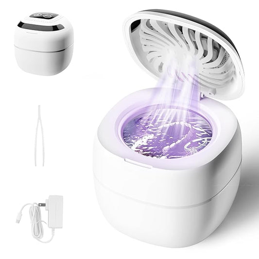 Retainer Cleaner ultrasonic，45kHz 180ml ultrasonic cleaner, cleaning and drying functions with Digital Timer，Retainer Cleaner Machine for Dentures, Mouth Guards, Braces, Jewelry (white)