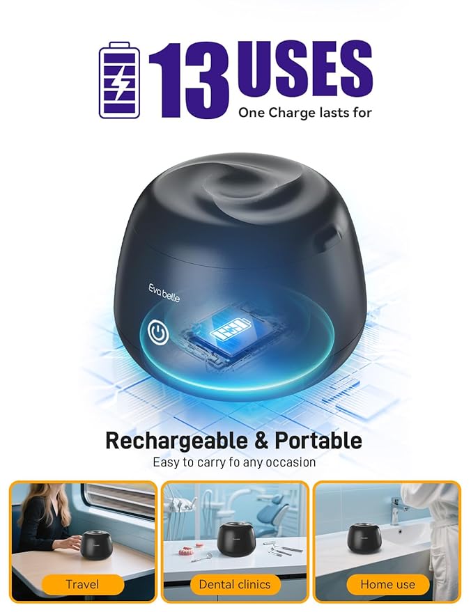 Ultrasonic Retainer Cleaner, EVA BELLE Denture Retainer Cleaner Machine, Tooth Cleaner for Oral Dental Care, Portable Rechargeable Dental Cleaning Pod for Night Guards, Braces, Aligner, Jewelry