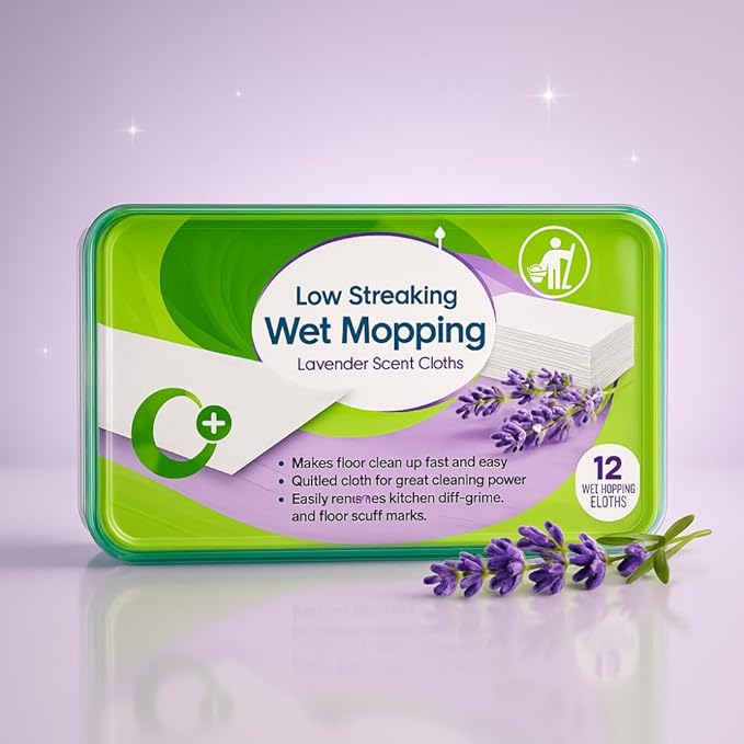 Low Streaking Wet Mopping Cloths, Lavender Scented Cleaning Wipes for Floors, Hardwood, Tile, Laminate, and Surfaces, Fresh Finish, 12 Count