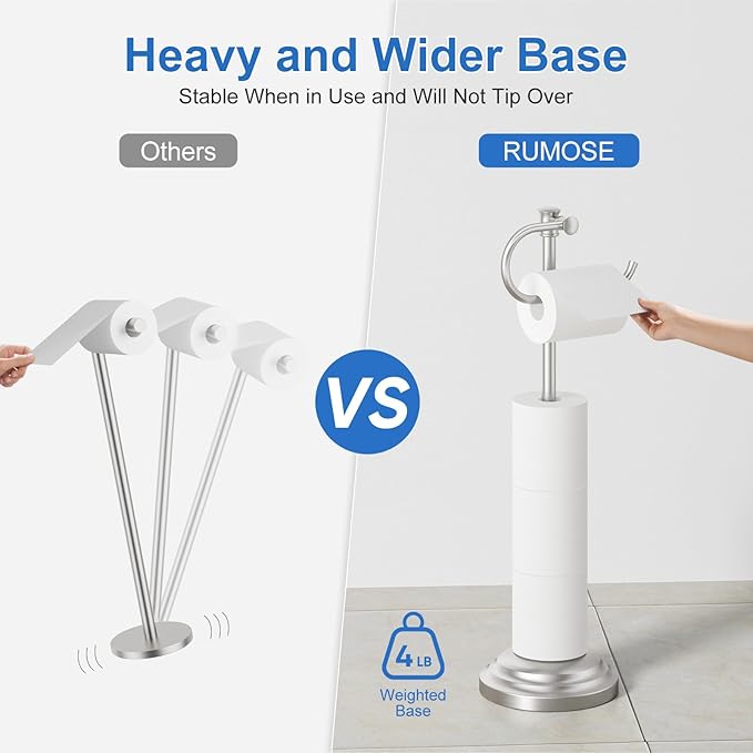 RUMOSE Toilet Paper Holder Stand for Floor, Brushed Nickel Bathroom Free Standing Toilet Tissue Roll Holder with Storage, Adjustable 17-25 Inch, SUS304 Stainless Steel