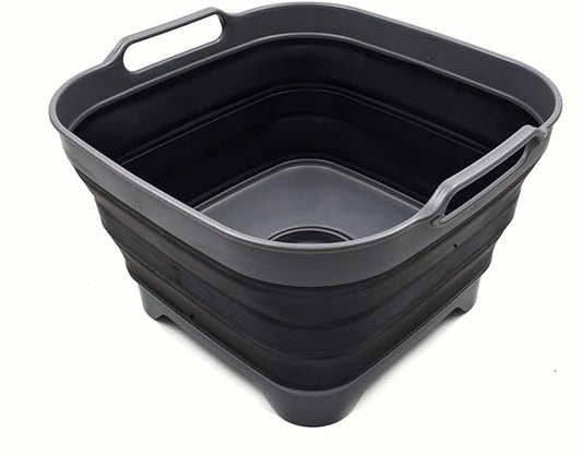 SAMMART 10L (2.64 Gallon) Collapsible Dishpan with Draining Plug - Foldable Washing Basin - Portable Dish Washing Tub - Space Saving Kitchen Storage Tray (1, Grey/Black)