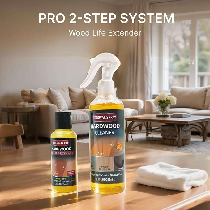 Furniture Polish Kit: Wood Cleaner Spray & Nourishing Care Oil – For Floors, Kitchen Tables, Desks & All Home Wood Furniture (300ml+120g)