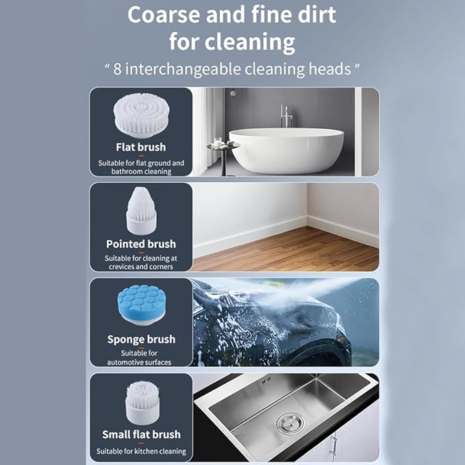Electric Spin Scrubber, 360 Degrees 3 Speeds Power Cordless Shower Scrubber with 8 Replaceable Brush Heads and Adjustable Extension Arm for Bathroom Floor Shower Bathtub Glass