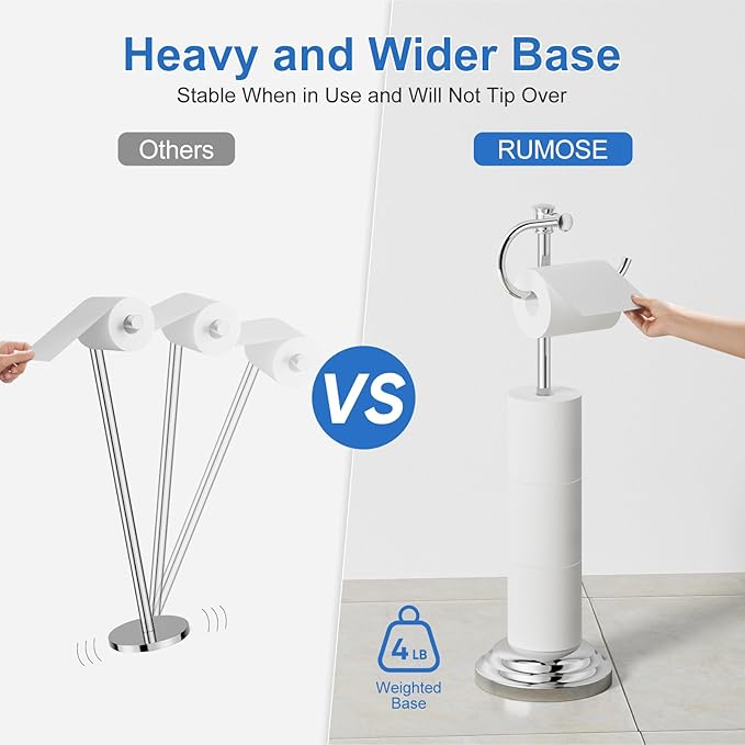 RUMOSE Toilet Paper Holder Stand for Floor, Polished Chrome Bathroom Free Standing Toilet Tissue Roll Holder with Storage, Adjustable 17-25 Inch, SUS304 Stainless Steel