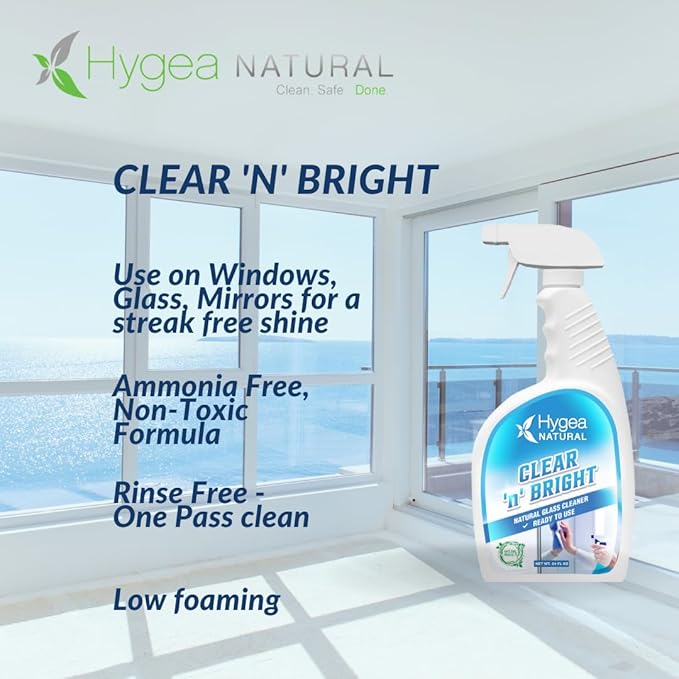 Hygea Natural Clear 'n' Bright - Non-Toxic Glass Cleaner Spray - Streak-Free & Ammonia-Free Window Cleaning - Window & Mirror Cleaning Supplies - Safe & Fast (3 Pack, 24oz Spray)