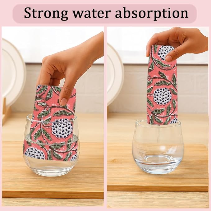 Ridhi Dark Salmon Pink Hand Block Print Cotton Waffle Dish Cloth Set of 6-12x12 Inch Super Absorbent, Soft, Reusable Kitchen Towels for Dish Drying Cleaning, Ideal for Spring, Easter, Valentine