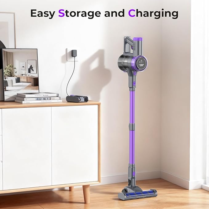 Cordless Vacuum Cleaner, 30Kpa Vacuum Cleaners for Home, Stick Vacuum with LED Display, 2 Roller Brushes for Anti-Tangle & Hard Floor, 6 in 1 Lightweight Vacuum for Hard Floors Carpet Pet Hair