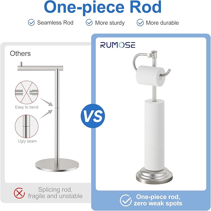 RUMOSE Toilet Paper Holder Stand for Floor, Brushed Nickel Bathroom Free Standing Toilet Tissue Roll Holder with Storage, Adjustable 17-25 Inch, SUS304 Stainless Steel